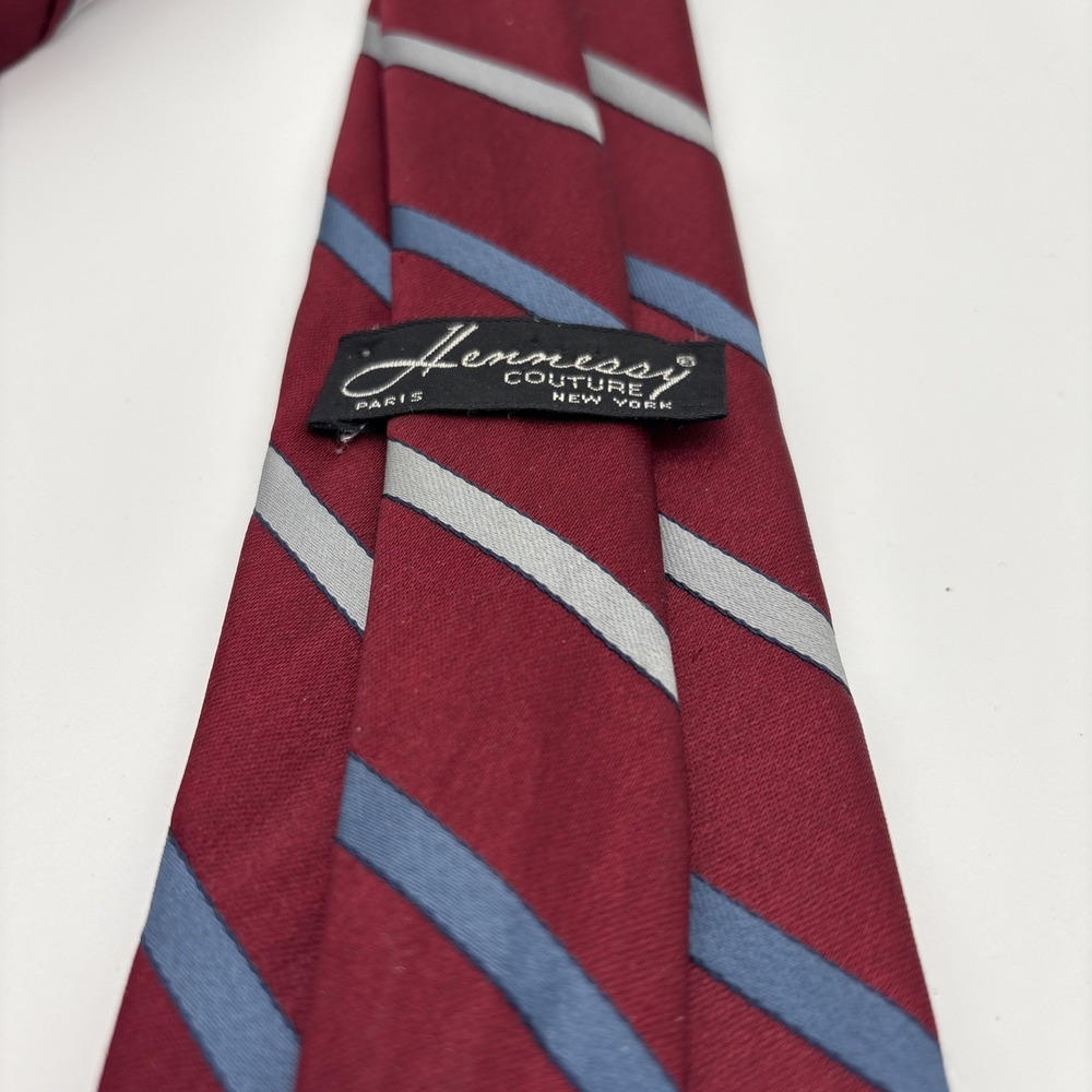 Vintage Hennessy Couture Silk Tie Burgundy Red Blue Silver Striped Regimental - Picture 2 of 3